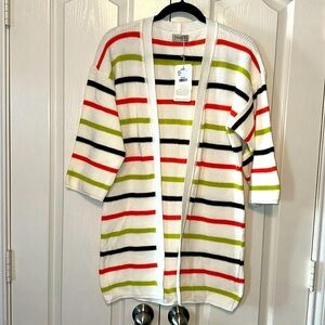 Woman’s Open Long Striped Cardigan 3/4 Sleeves 100% Cotton Size Medium